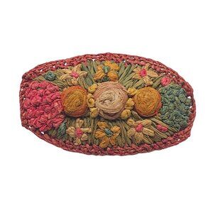 Vintage Handcrafted Floral Raffia Brooch Pin Multicolor Oval Design